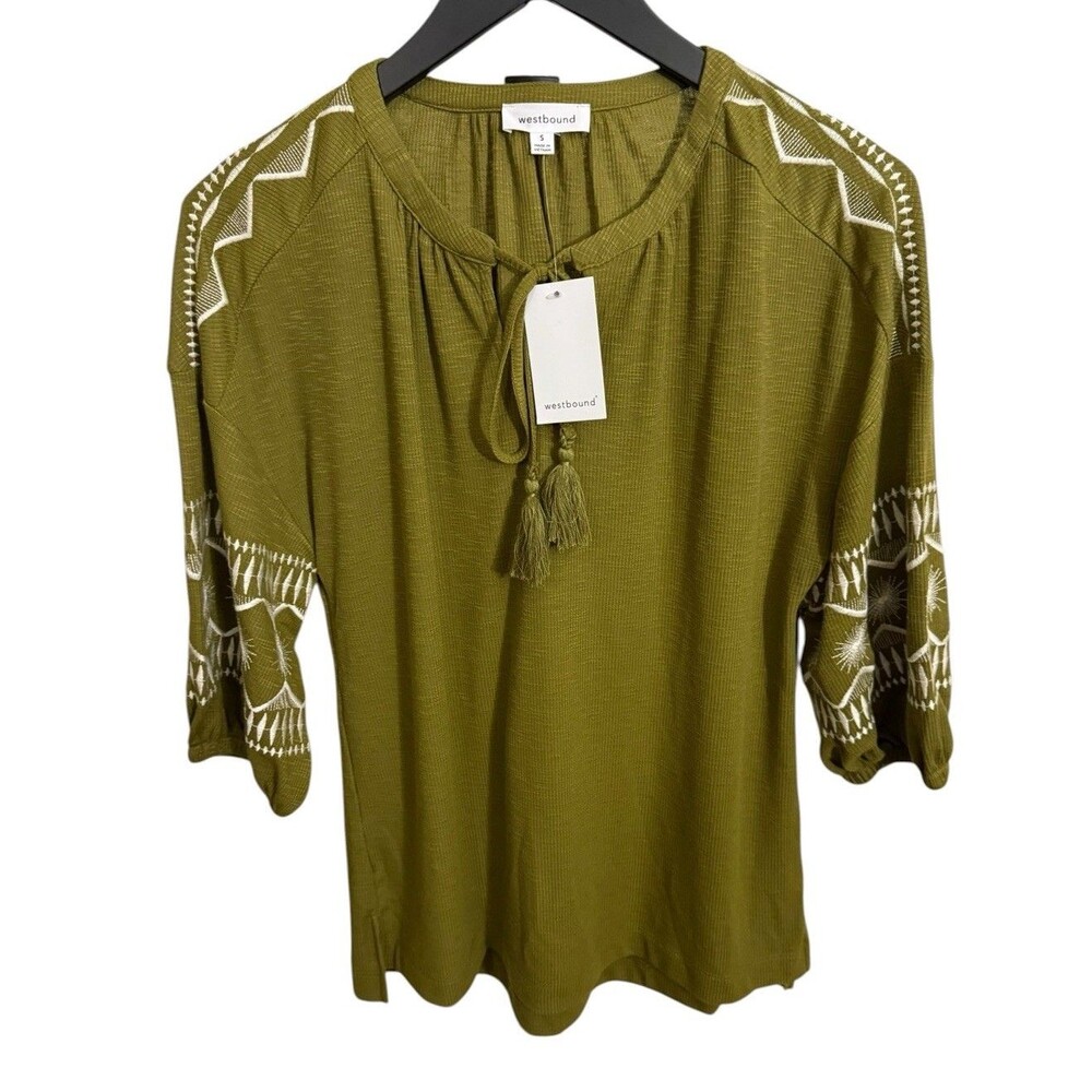 NWT Westbound S Small Olive Green Embroidered Ribbed Knit 3/4 Sleeve Peasant Top